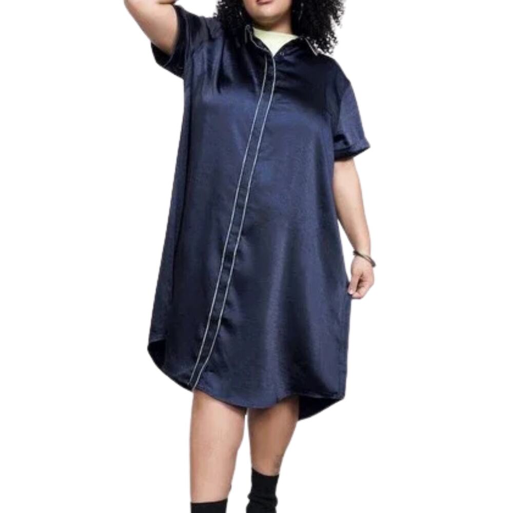 WILDFANG Empower Satin Shirt Dress Blue Green Stripe L NWT $118